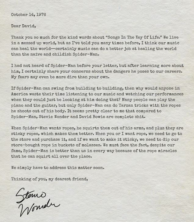 Illustration for article titled These Letters Between David Bowie And Stevie Wonder Show That They Thought Spider-Man Was The No. 1 Threat To Their Careers